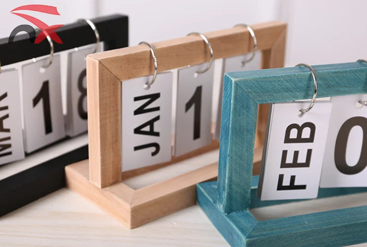 Desktop Wooden Perpetual Flip Calendar – Month Display for Office & Home